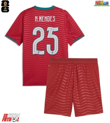Portugal Nuno Mendes #25 Primera Equipación Niños Mundial 2026 Manga Corta (+ Pantalones cortos)